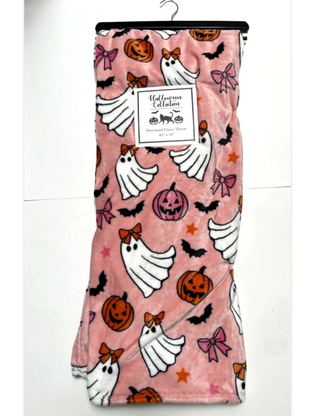 Pink Halloween Ghost Plush Throw Blanket Bats Pumpkins Bows 60x70 Soft